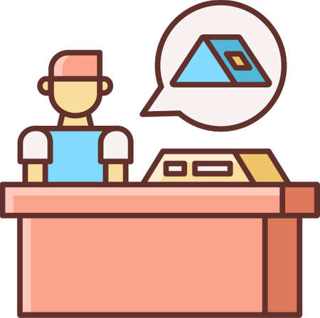 Line vector icon illustration of a male sitting at campsite reservation desk. Camping and outdoor activity concept.のイラスト素材