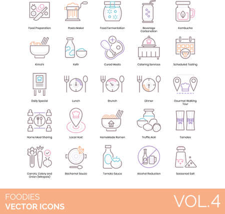 Line icons of foodies and gourmet club, food preparation, beverages, seasonings, gourmet walking tourのイラスト素材