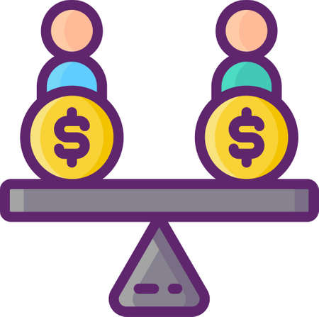 Line vector icon of equity crowdfunding. Illustration of two people with dollar signs on balance scales.のイラスト素材