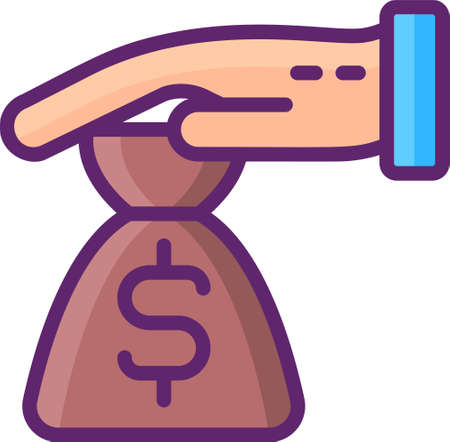 Line vector icon of VC venture capital. Private equity financing to provide startups and small businesses. Illustration of a hand giving money bag.のイラスト素材
