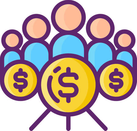 Line vector icon of crowdfunding community. Illustration of crowd or people and coins.