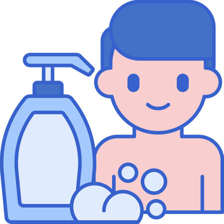Line vector icon illustration of male using body wash. Personal hygiene and disease prevention concept.のイラスト素材