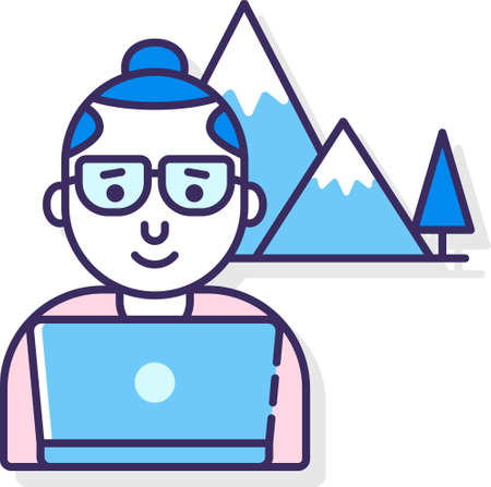 Line vector icon illustration of a digital nomad man with glasses working at his laptop during vacationのイラスト素材