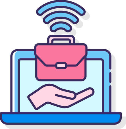 Line vector icon of online job service. Illustration of hand with a briefcase on laptop screen.のイラスト素材