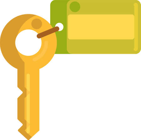 Flat vector icon illustration of vintage hotel room key with keychain. Travel and tourism concept.のイラスト素材