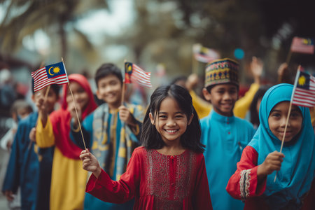 Happy asian muslim kids holding malaysian flags in the templeの素材