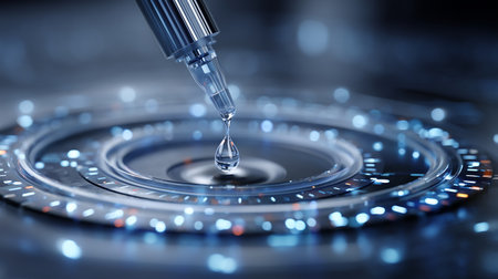 Close-up of a pipette dropping a drop of blue liquid into a targetの素材