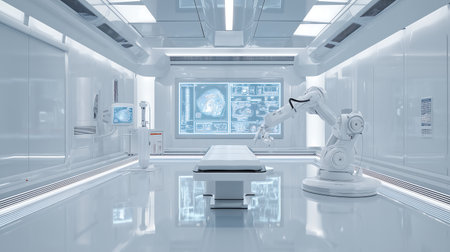 3D rendering of a medical robot in a modern room with medical equipmentの素材