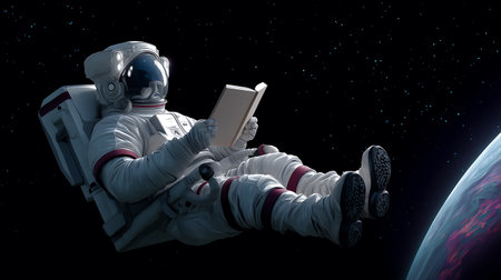 Astronaut in outer space reading a book. 3D renderingの素材