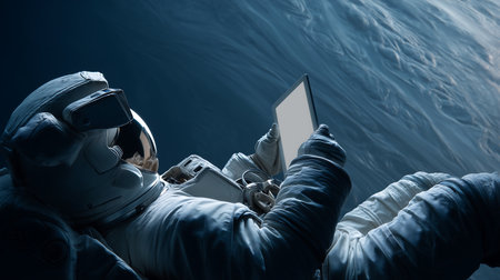 Astronaut in space using tablet computer in deep blue ocean.の素材