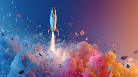 Rocket launch into space. 3d illustration. Start up concept.の素材
