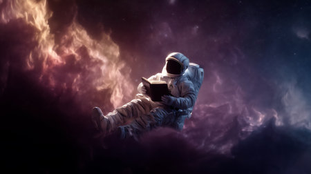 Astronaut in space suit reading a book. Mixed media. Mixed mediaの素材