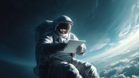 Astronaut in spacesuit and helmet using digital tablet. Mixed mediaの素材