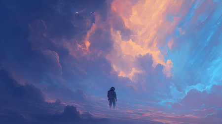 3D illustration of a female astronaut in the sky with clouds.の素材