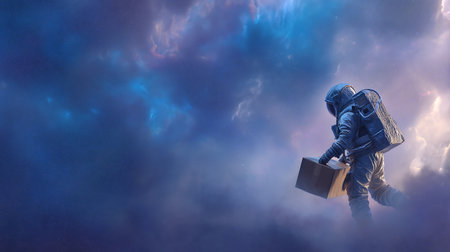 Hacker with briefcase running in the sky. Mixed media.の素材