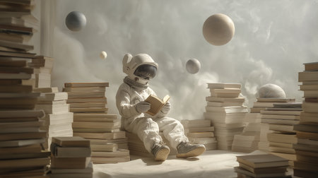 Cute little boy wearing astronaut costume sitting on a pile of booksの素材