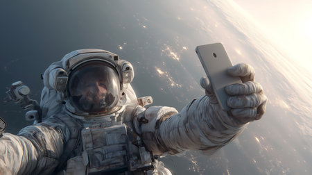 Astronaut in outer space making selfie with smartphone. Mixed mediaの素材