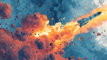 Space rocket in space. Science fiction illustration. 3D rendering.の素材