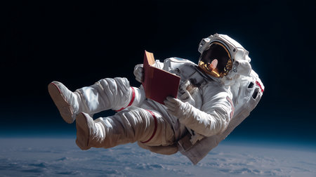 Astronaut floating in space and reading a book. Mixed mediaの素材