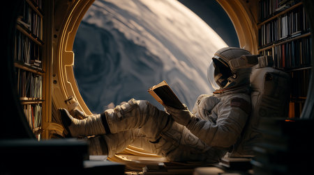 Astronaut reading a book in the library. Science fiction.の素材