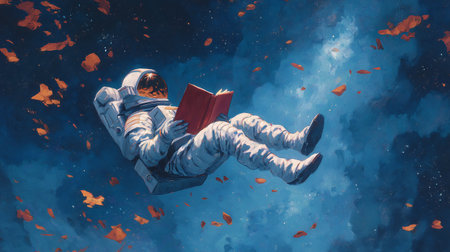 Astronaut floating in the sky with a book. Mixed mediaの素材