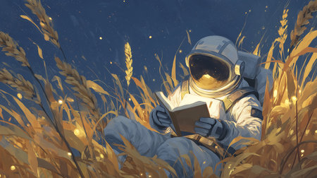 Astronaut in a wheat field reading a book. 3D illustration.の素材