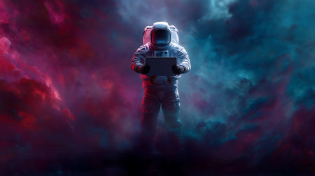 Astronaut in space suit holding a laptop. Mixed media.の素材