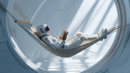 Conceptual image of astronaut sitting in hammock and reading book. Mixed mediaの素材