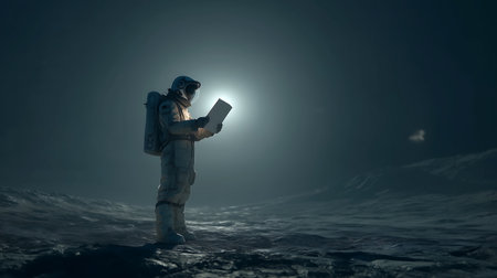 Astronaut reading a book in space. Mixed media. Mixed mediaの素材