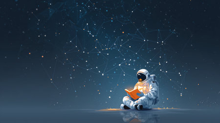 Astronaut sitting on the floor and reading book. Mixed mediaの素材