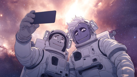 Astronaut taking a selfie with his smartphone. 3D renderingの素材