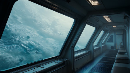 View from the window of a spaceship in the sky. 3d renderingの素材