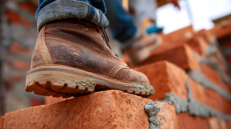 Close-up of construction worker's feet on a brick wall.の素材