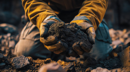Close-up of a worker's hands in a yellow protective glove holding a pile of coalの素材