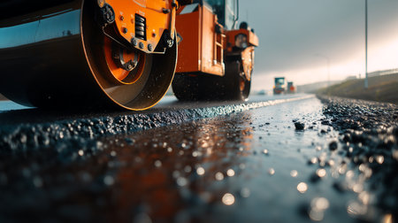 Asphalt road roller with heavy vibration roller compactor press new hot asphalt on the roadway on a road construction siteの素材