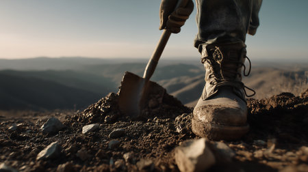 Worker with a huge stone in his hands on the background of a construction siteの素材