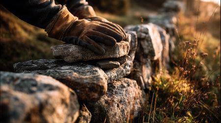 Hands of a man in protective gloves on a stone fence.の素材