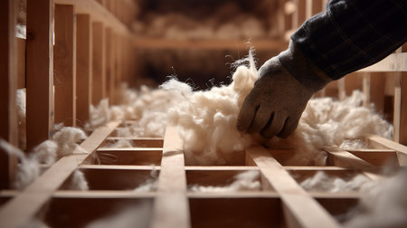 Sheep wool in a wooden box in a factory, close-upの素材