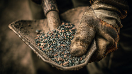Hands of a farmer working with a shovel full of coal.の素材