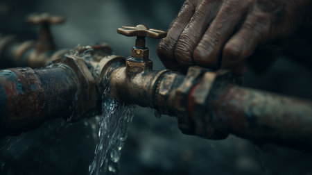 Close-up of a man's hands pouring water from a tapの素材