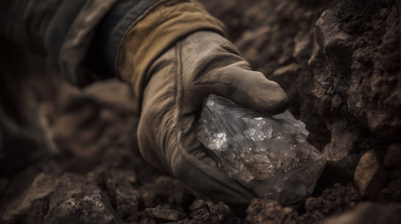 Hands of a miner with a piece of ice in his handの素材