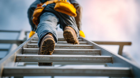 Close up of worker feet on ladder. Construction worker with safety equipment.の素材