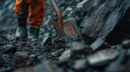 Worker with a shovel in the coal mine. Selective focus.の素材