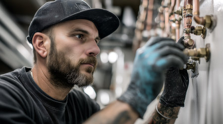 Portrait of a handsome tattooed man working in a factory.の素材
