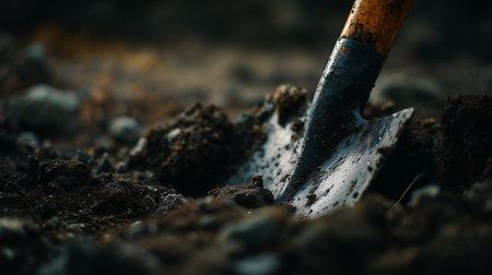 Hands of a man holding a stone in a construction site.の素材