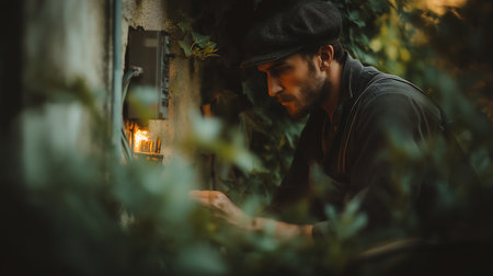 Handsome young man in black clothes and hat sitting at the table in the garden and looking at the lampの素材