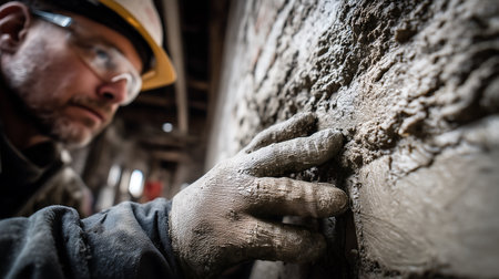 Worker working in a building site, close-up of handsの素材