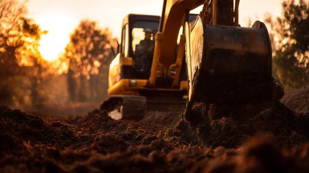 Excavator working on a construction site at sunset. Backhoe digs the ground.の素材