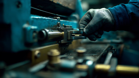 Worker working on lathe machine at factory. Selective focus.の素材
