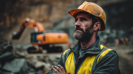 Portrait of a male miner standing in front of an excavatorの素材